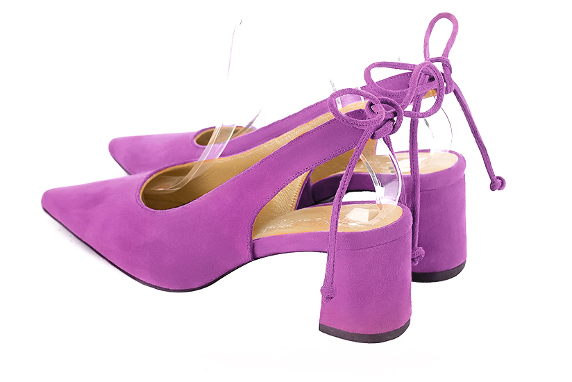 Mauve purple women's slingback shoes. Pointed toe. Medium flare heels. Rear view - Florence KOOIJMAN